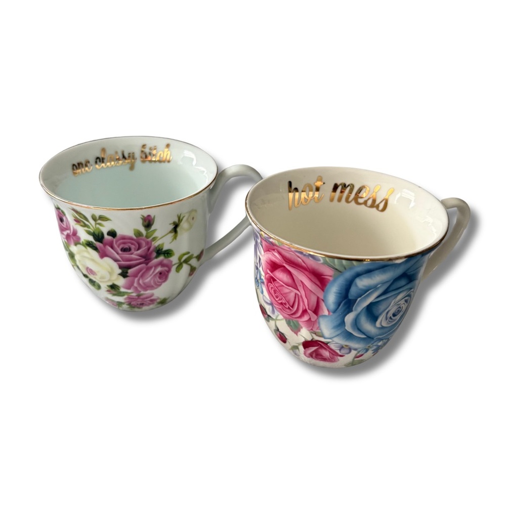 Snarky Tea Cups - Floral with Gold Writing &‎ Accents (Set of 2)